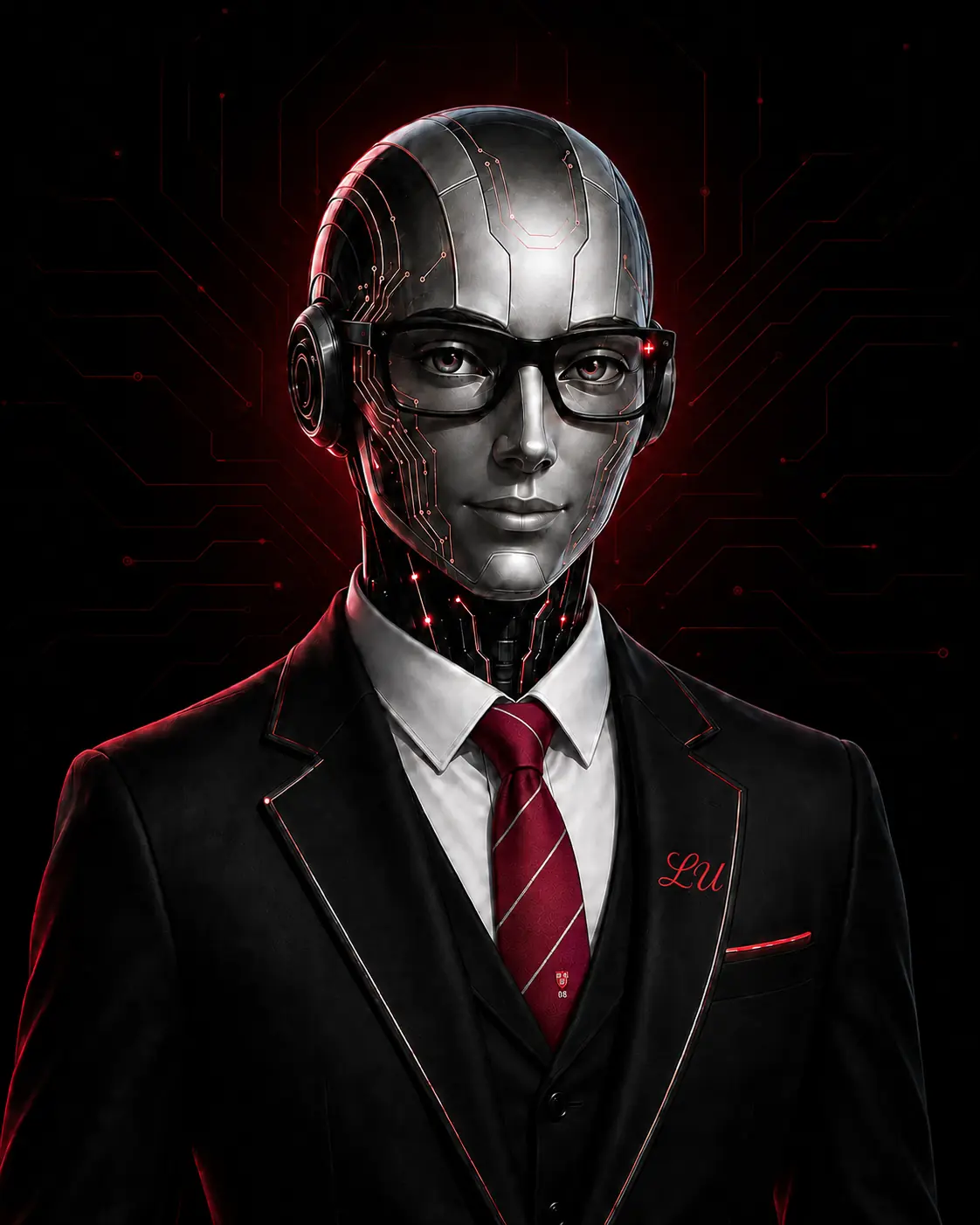 Limoette University futuristic AI Professor wearing smart glasses, a burgundy academic tie, and an LU jacket monogram